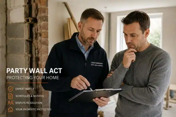 Party wall surveyor England discussing extension plans with homeowner outside a UK semi-detached house.